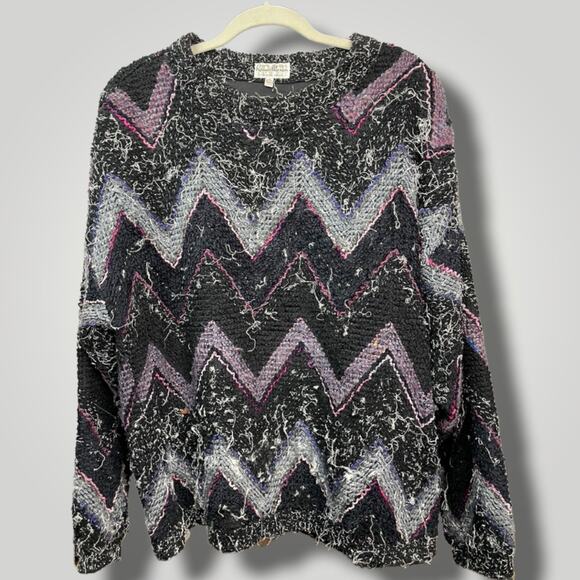 Vintage 80s Textured Zig Zag Black Pink Chenille Rodger Thornton L B1019 - Picture 1 of 5